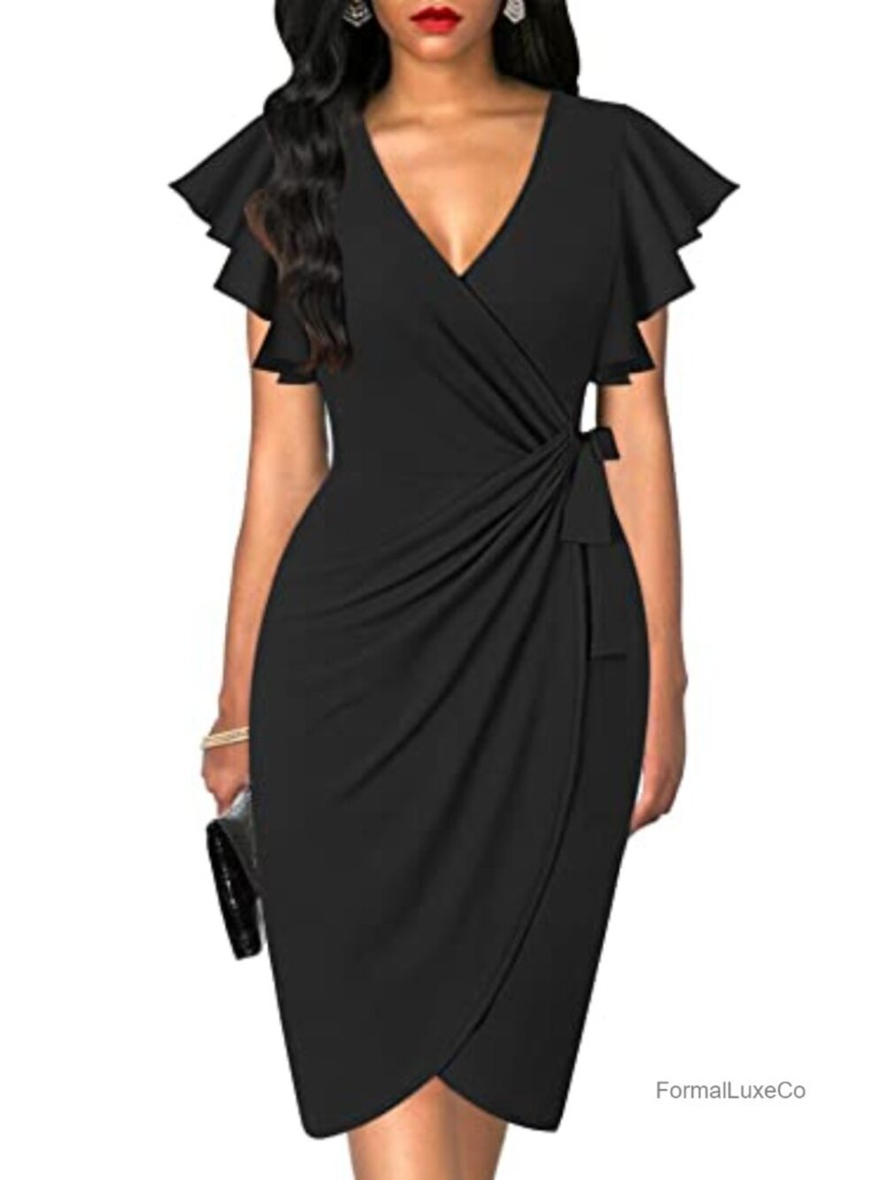 Womens Faux Wrap Dress Deep V Neck Ruffle Sleeve Cocktail Business Casual